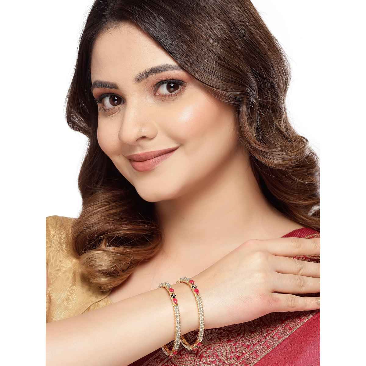 Sukkhi Gold Plated Red & Green Color White Thin Bracelet Bangle Set Jewellery for Women - 2.6