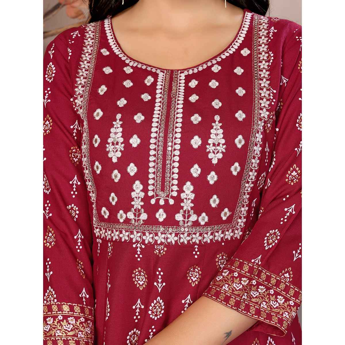 Rangita Women s Maroon Rayon Embroidered Calf Length Anarkali Kurta | S