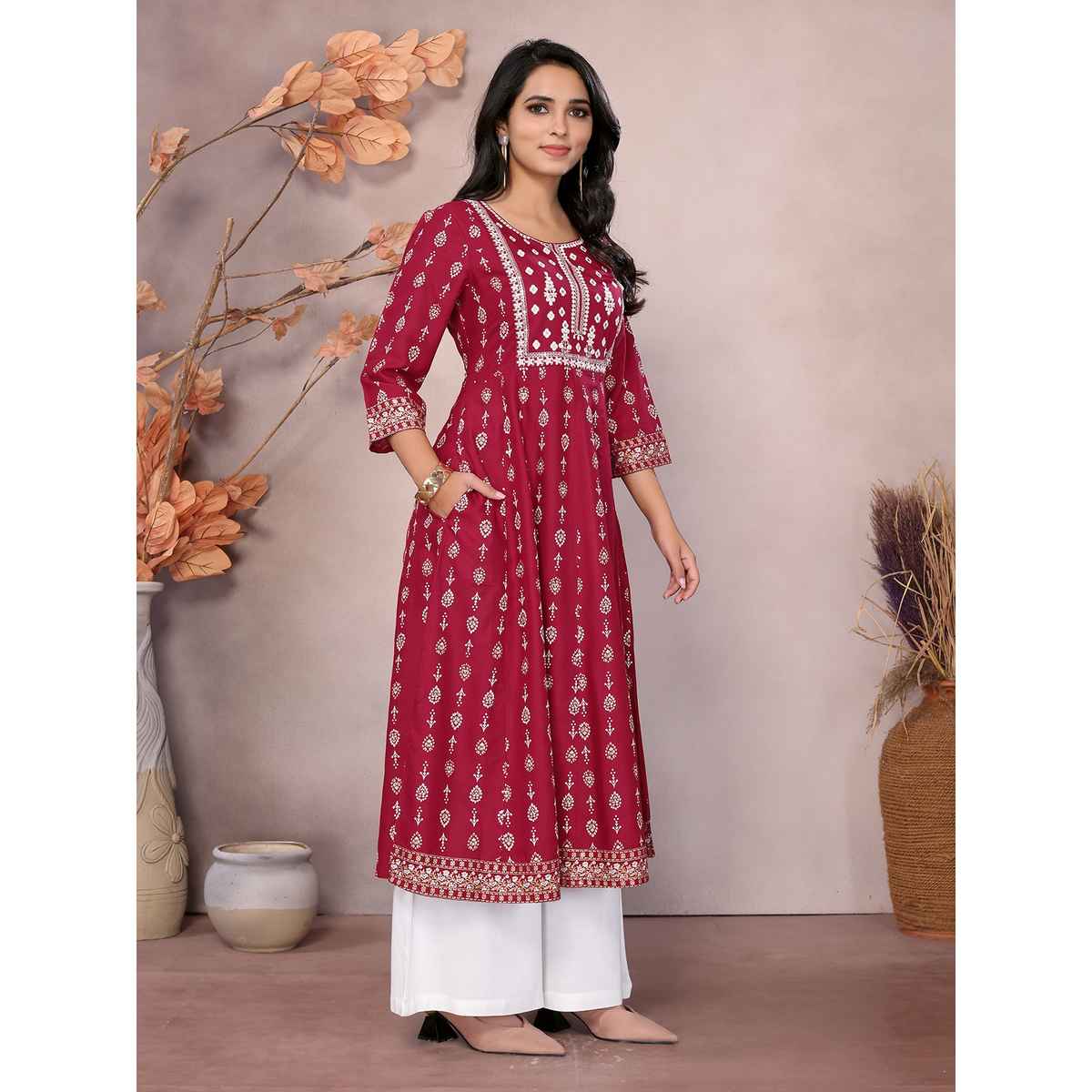 Rangita Women s Maroon Rayon Embroidered Calf Length Anarkali Kurta | L