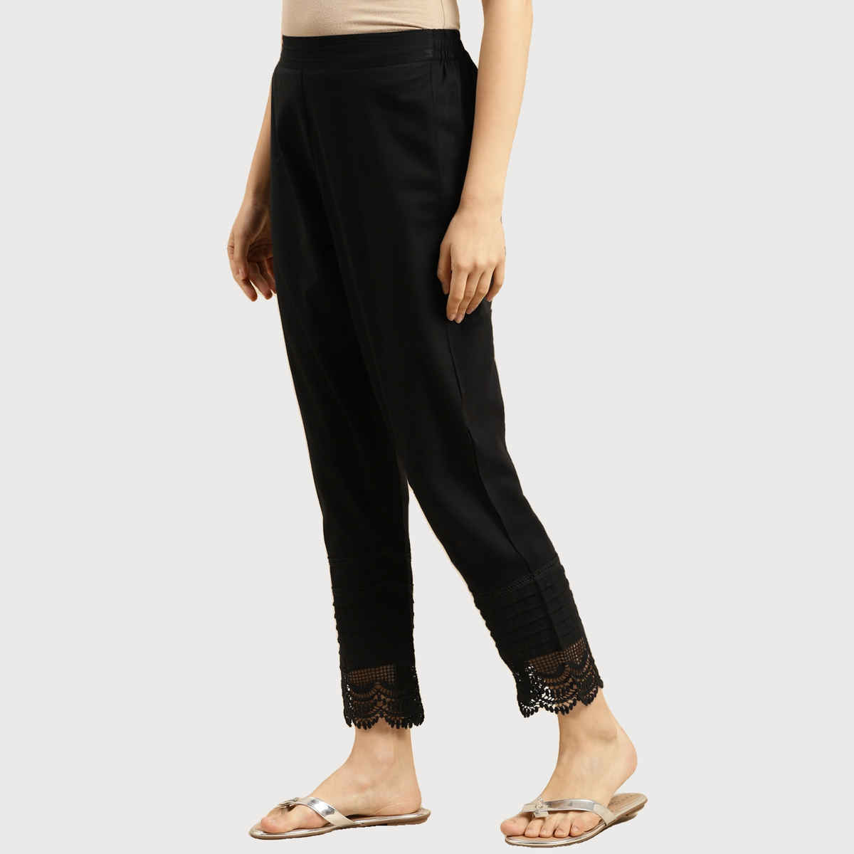 Rangita Women Calf Length Straight Pant - Solid | 100% Cotton | Black | L
