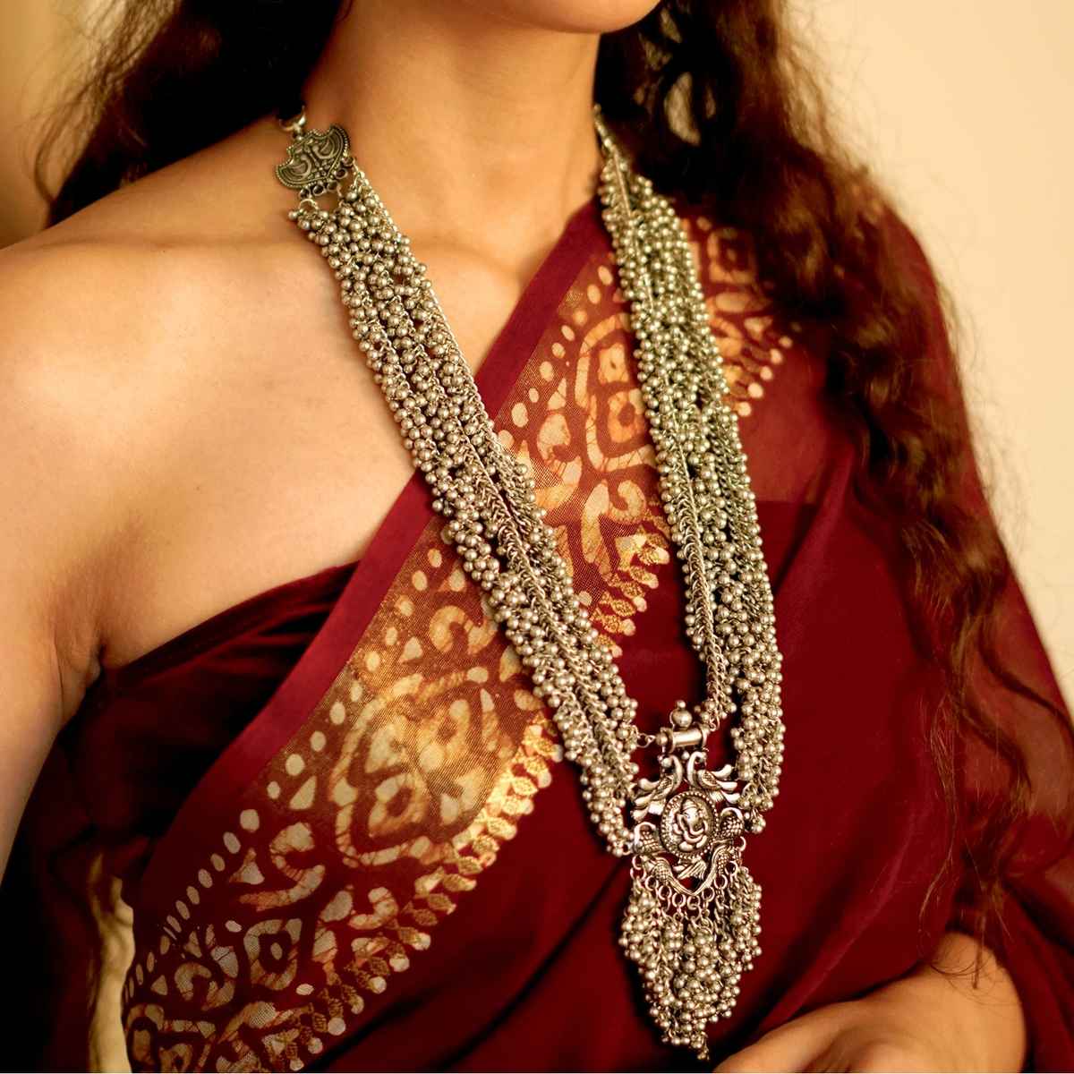 Teejh Krisha Silver Oxidized Ghungroo Necklace