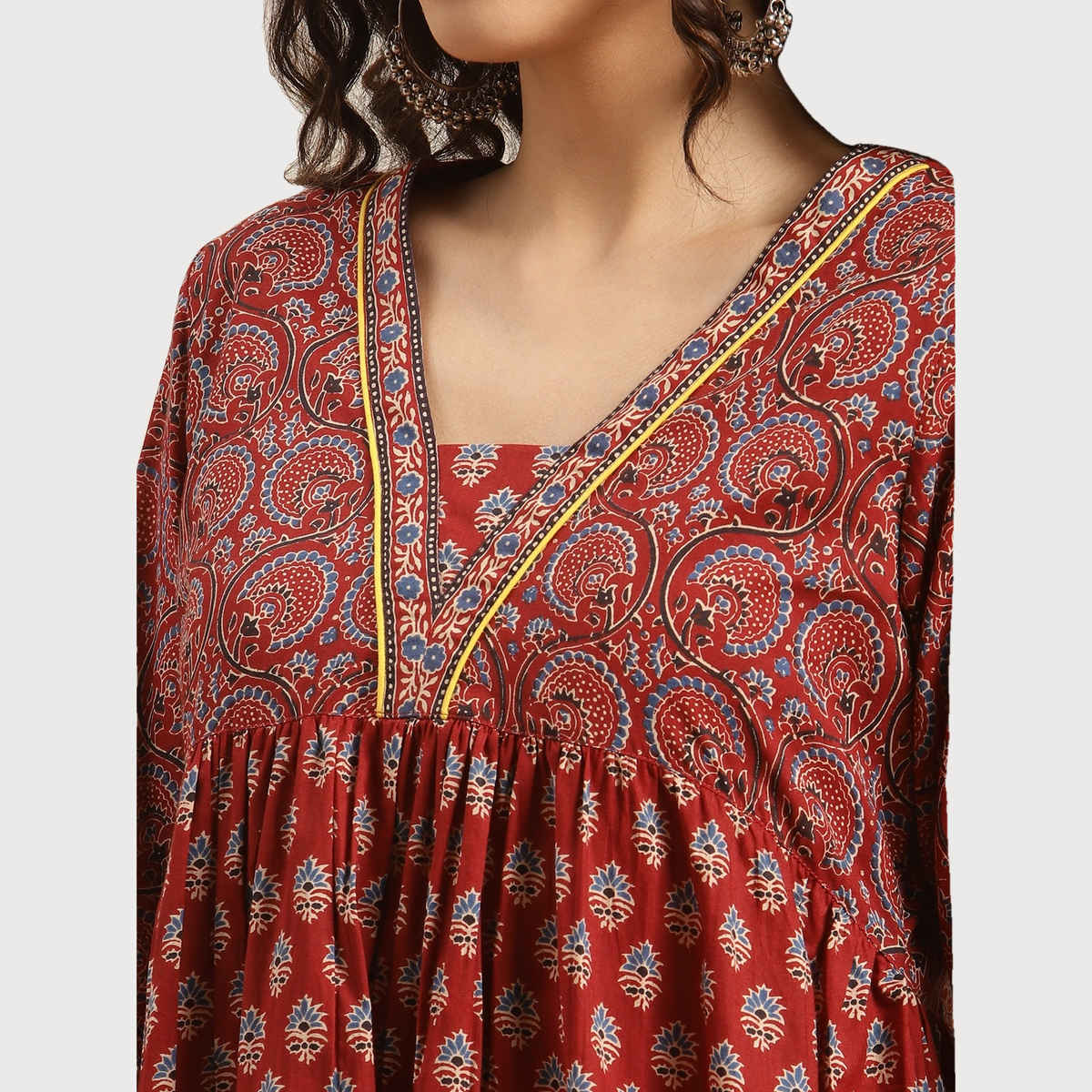 Varanga Women's Bandez Printed Anarkali Kurta | VKUR64 | Maroon and Blue - M