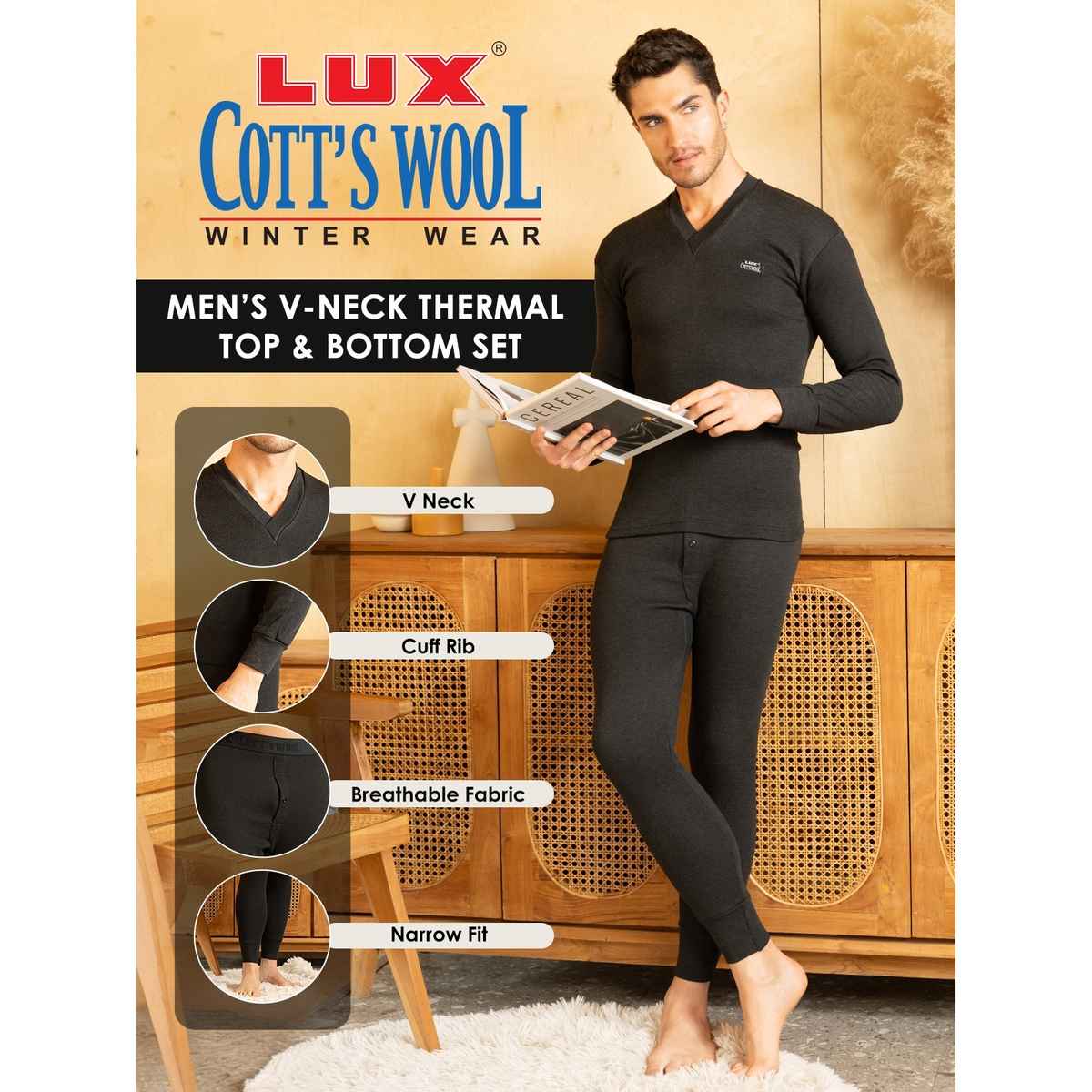 Lux Cottswool Men's Full Sleves V-Neck Thermal Top And Bottom Set | Black | 100Cm