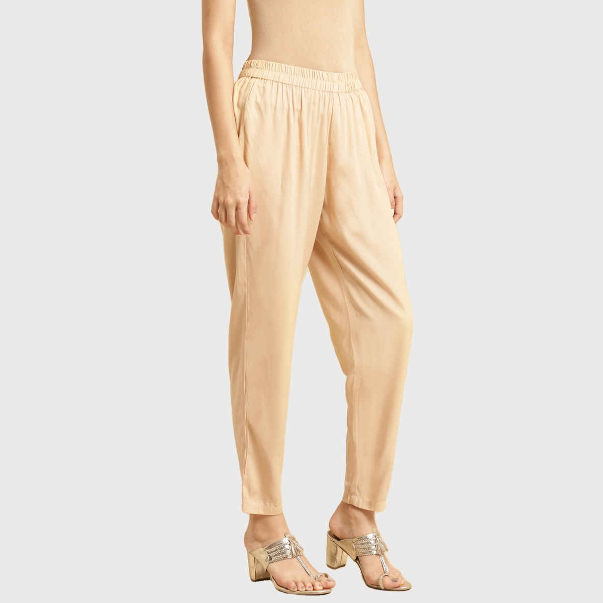 Rangita Women Ankle Length Straight Pant - Solid | Rayon | Beige | M
