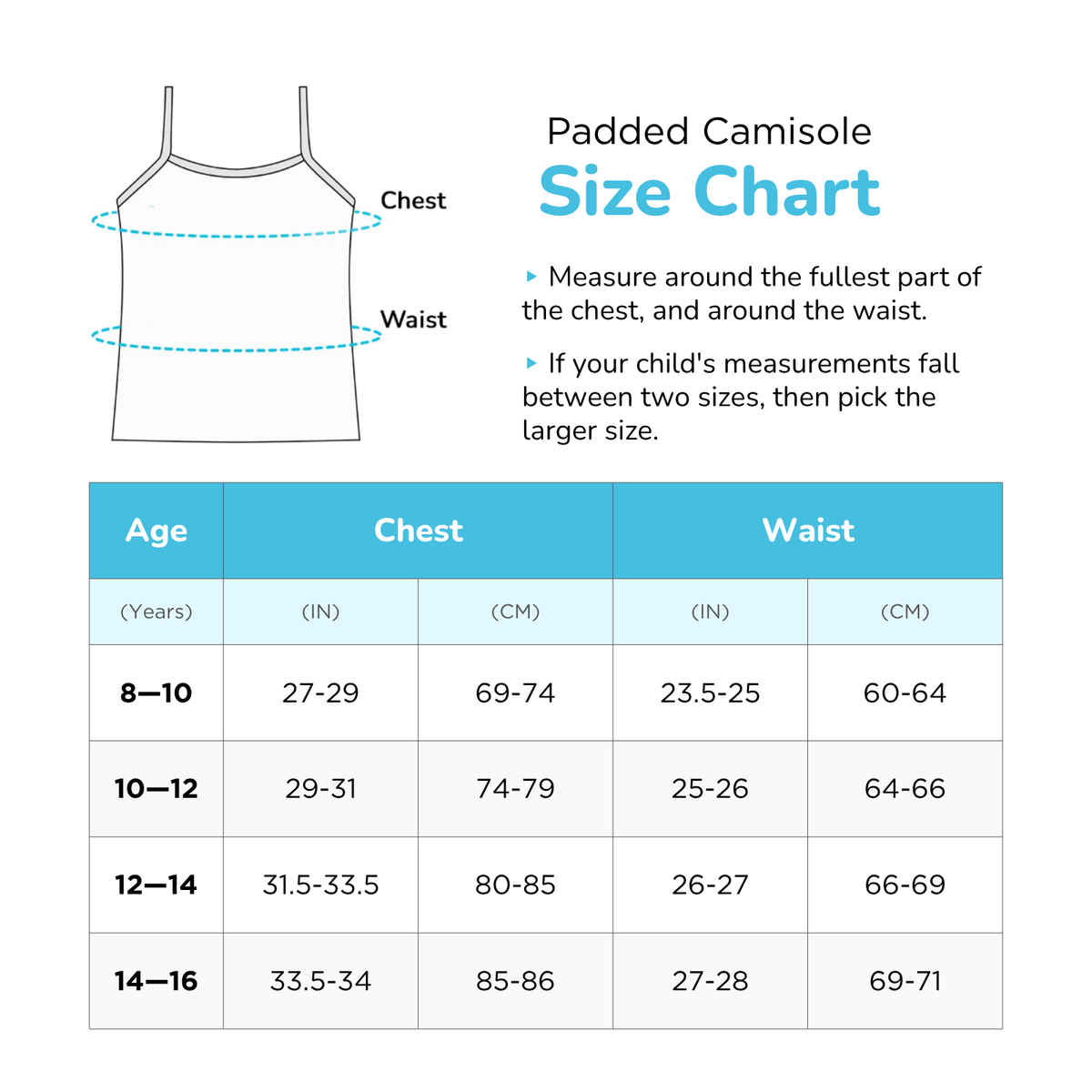 Plan B Girls Cotton Padded Camisole | Built-in Light Padding | White - 8-10 Yrs