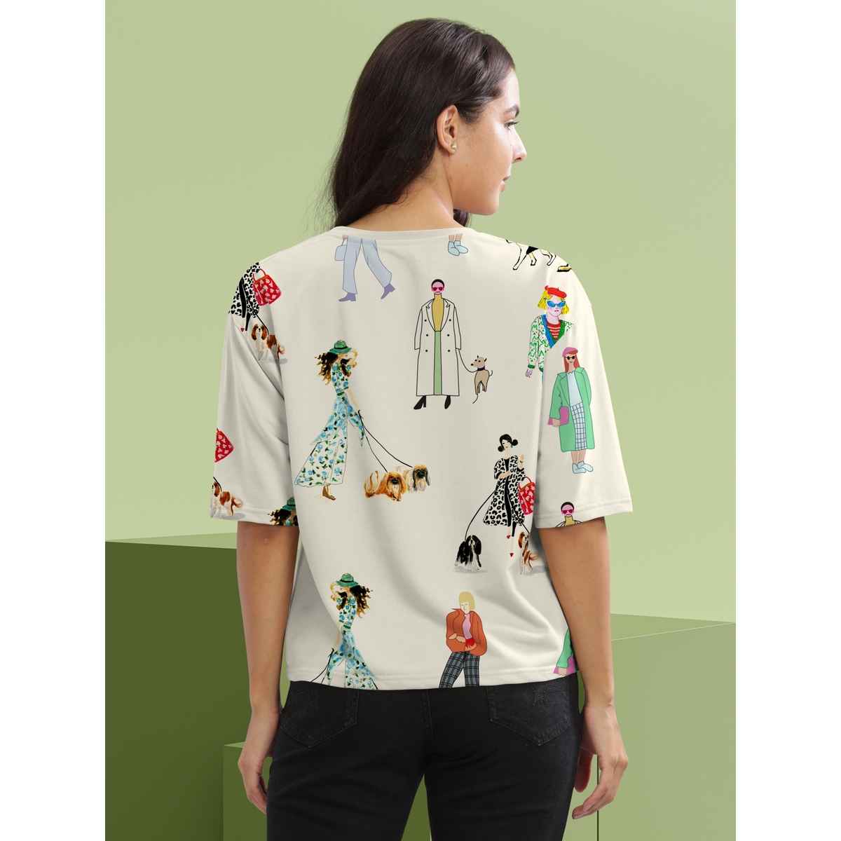 Hellcat Women's Printed Loose Fit Crew-Neck Crop T-shirt | Cream - L