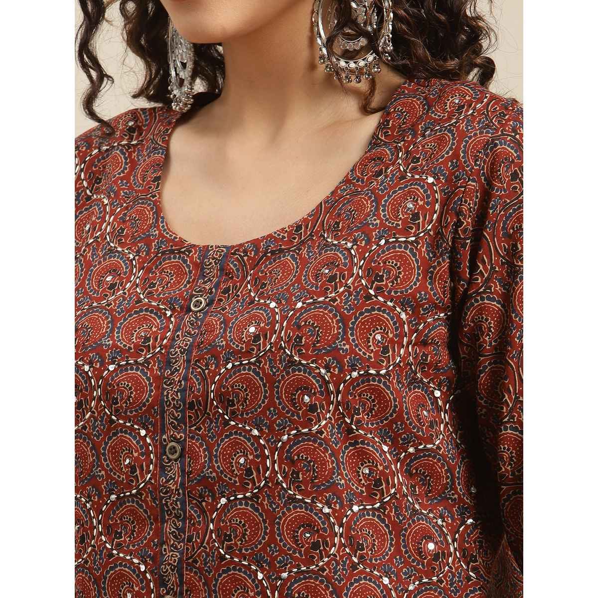 Varanga Women's Bandez Printed Straight Kurta | VKUR45 | Maroon and Blue - M