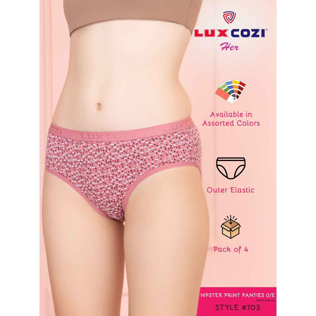 Lux Cozi Her Pure Cotton Hipster Printed Panty | Multicolor | Size-90 | Pack Of 4