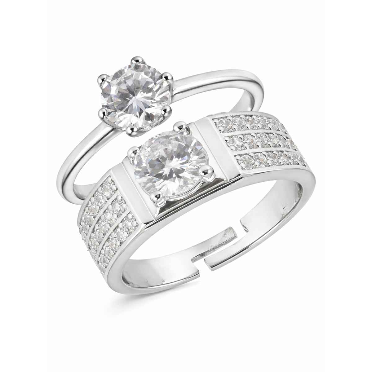 Sukkhi Delicate Rhodium Plated Solitaire CZ Studded Valentine Special Couple Ring | Free Size