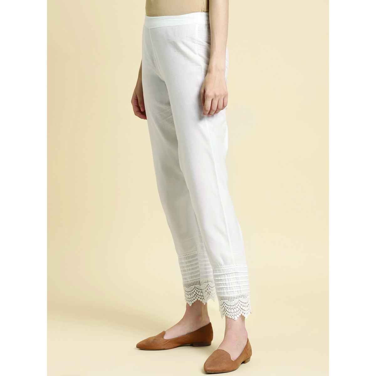 Rangita Women Calf Length Straight Pant - Solid | 100% Cotton | Off White | L