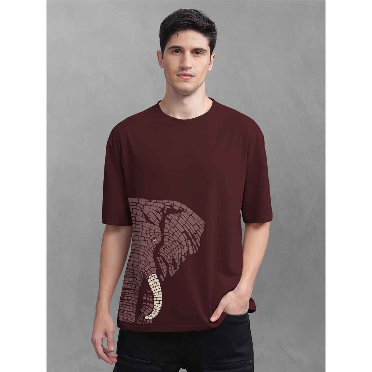 Bullmer Men's Oversized T-shirt Front and Back Printed | Maroon, Beige | S