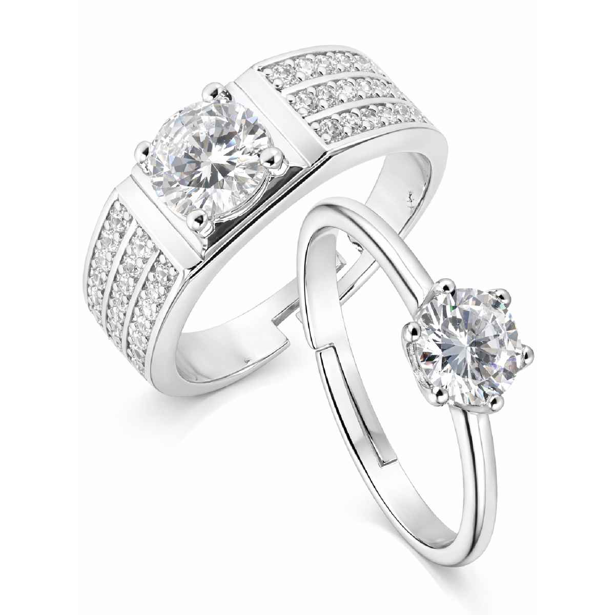 Sukkhi Delicate Rhodium Plated Solitaire CZ Studded Valentine Special Couple Ring | Free Size