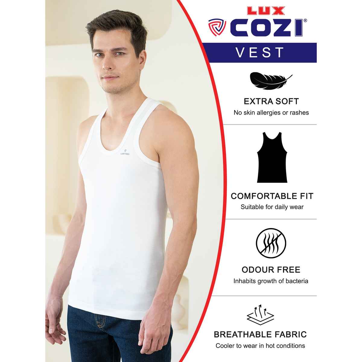 Lux Cozi Ultra Soft Pure Cotton Round Neck Vest | White | XL | Pack Of 2