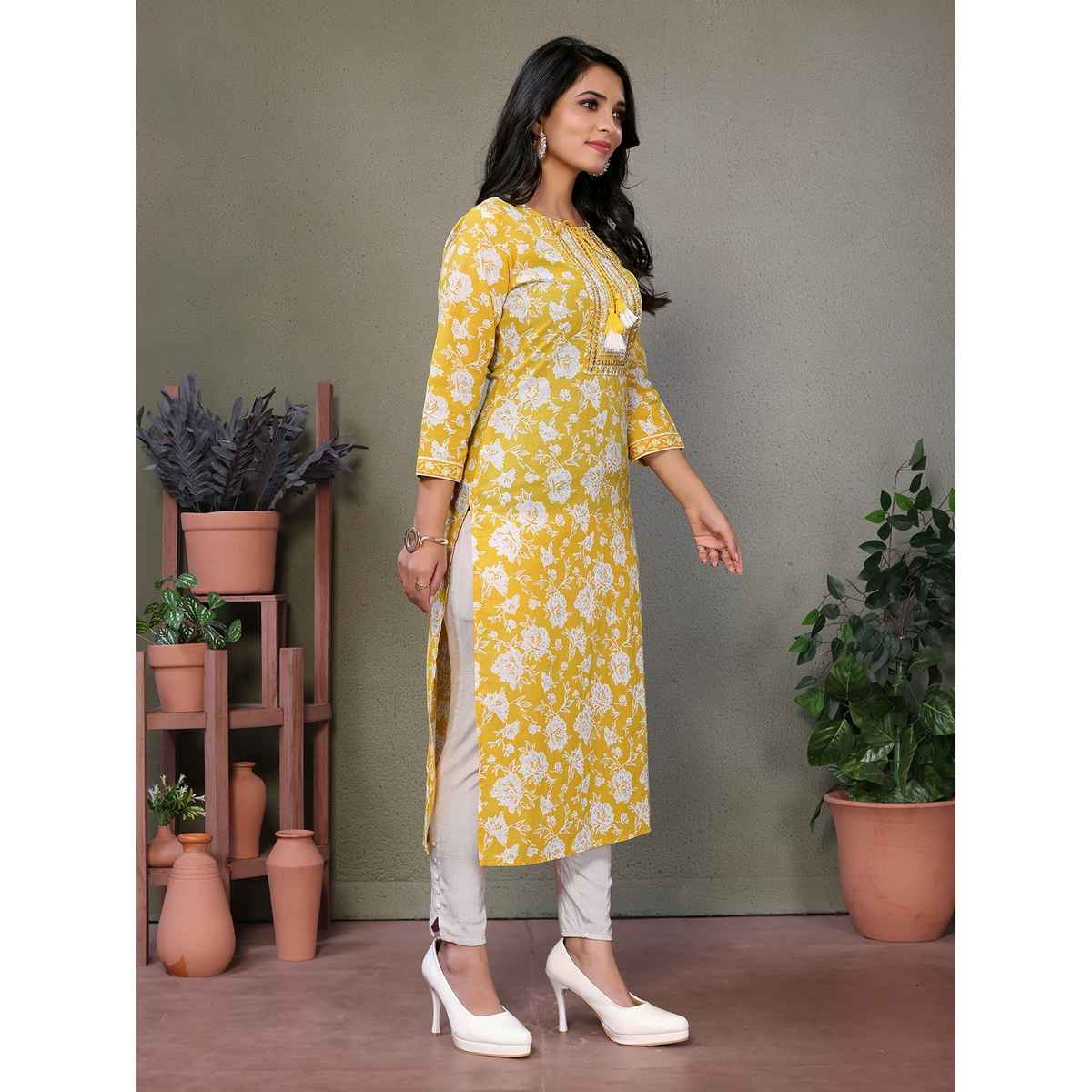 Rangita Women s Yellow Cotton Embroidered Calf Length Straight Kurta | XL