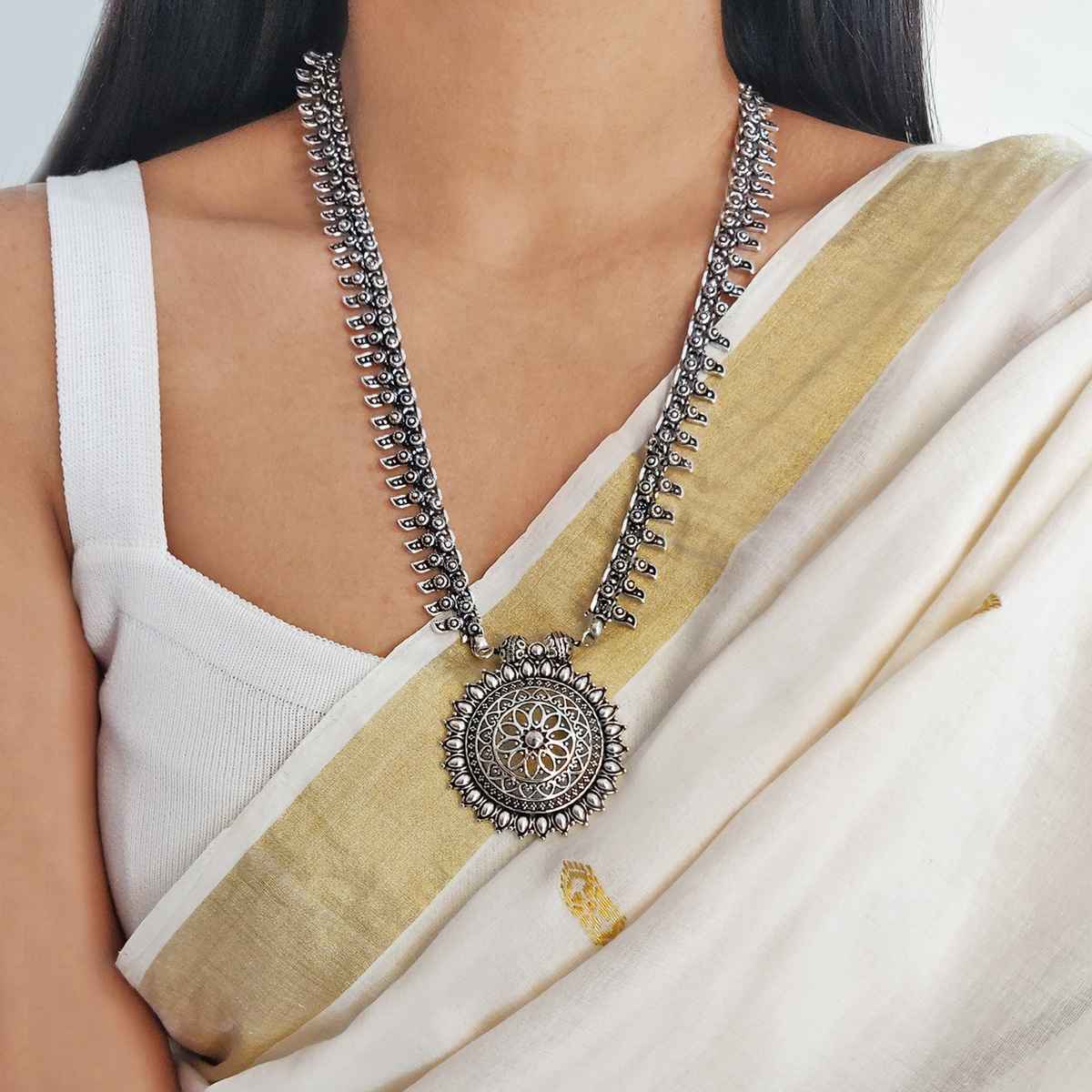 Teejh Kalpi Silver Oxidized Long Necklace