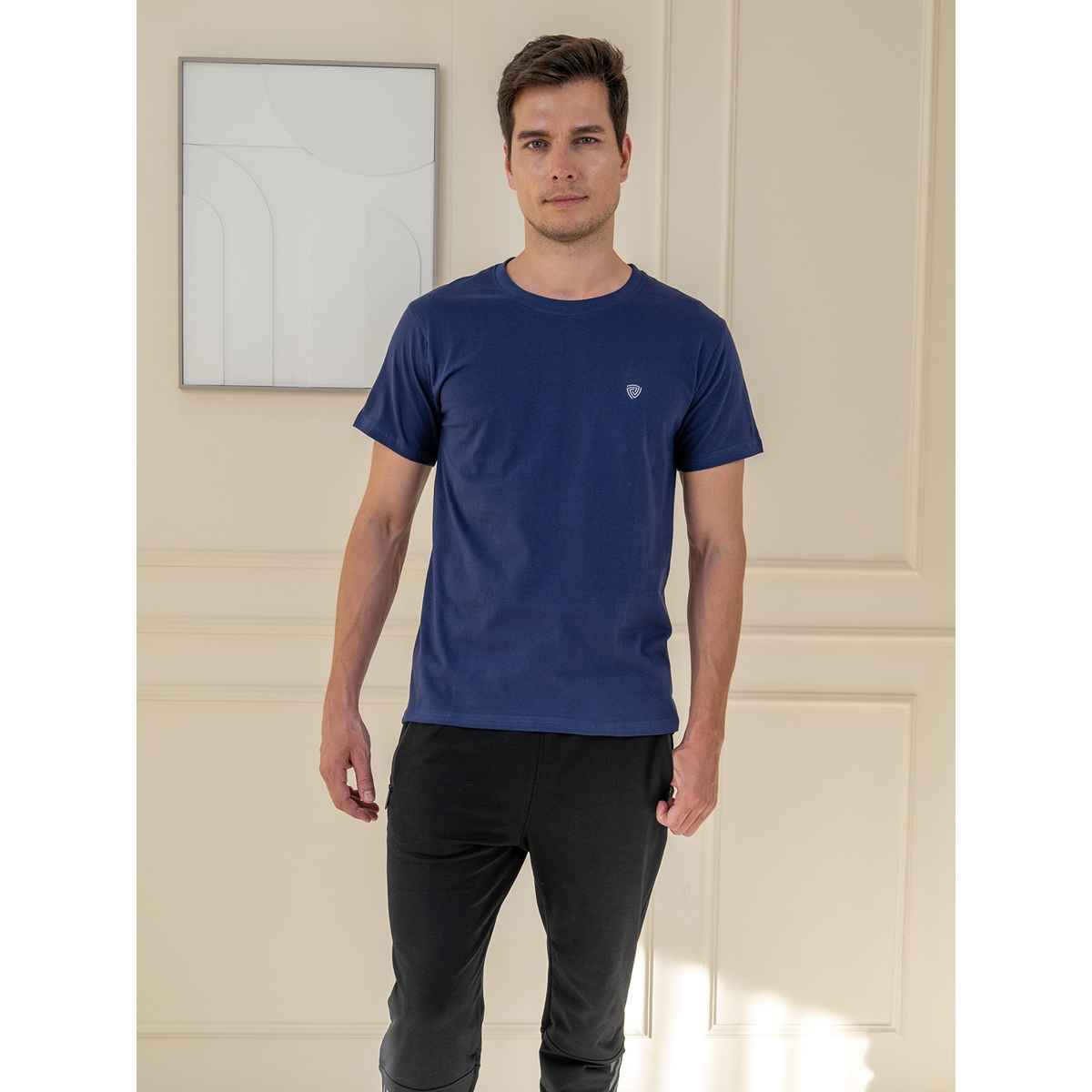 Lux Cozi Men s Ultimate Comfort & Style Round Neck Cotton T-shirt | Ink Blue | Size | L