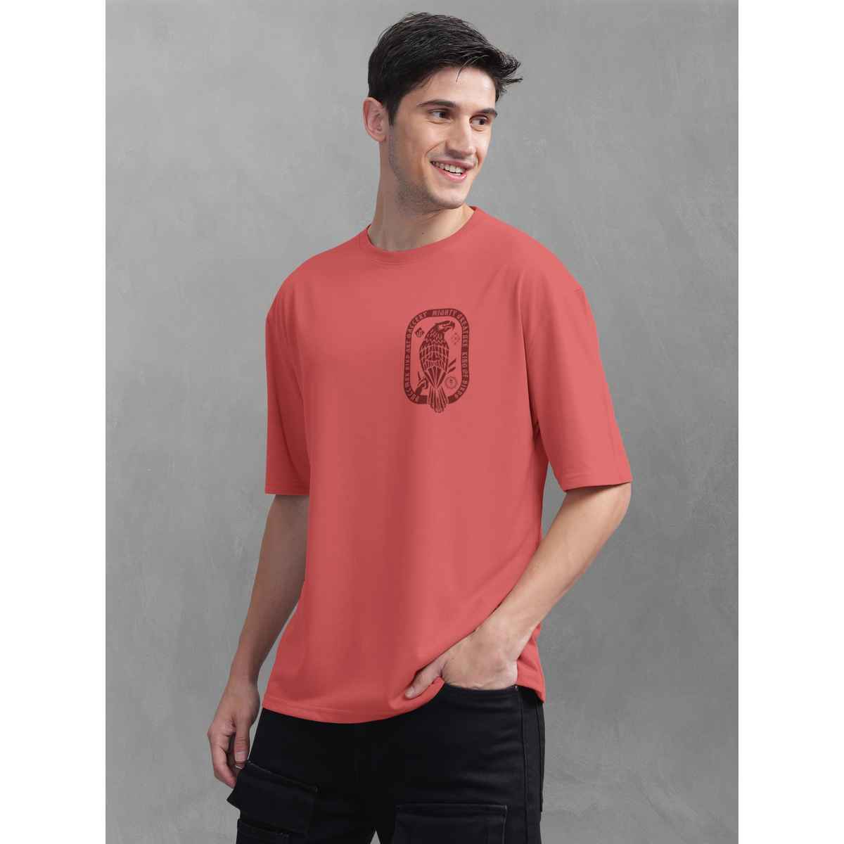 Bullmer Men's Oversized T-shirt Front and Back Printed | Black, Red | M