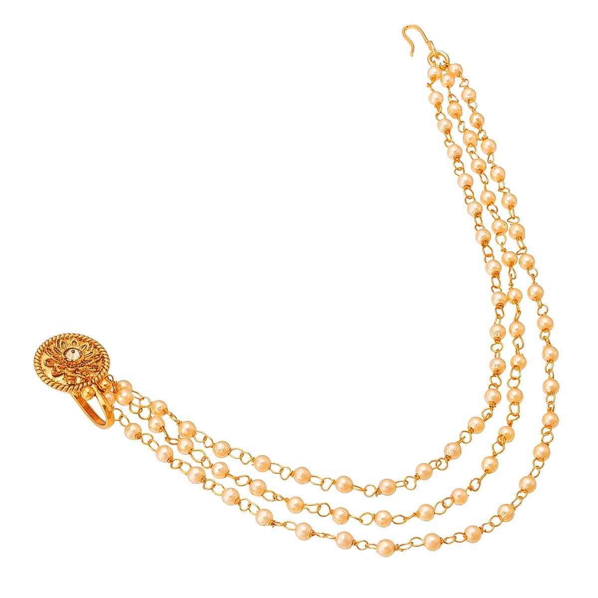 Aadita Traditional Long Chain Nose Pin- Gold Plated Nath with Kundan & Pearl for Bridal Wear