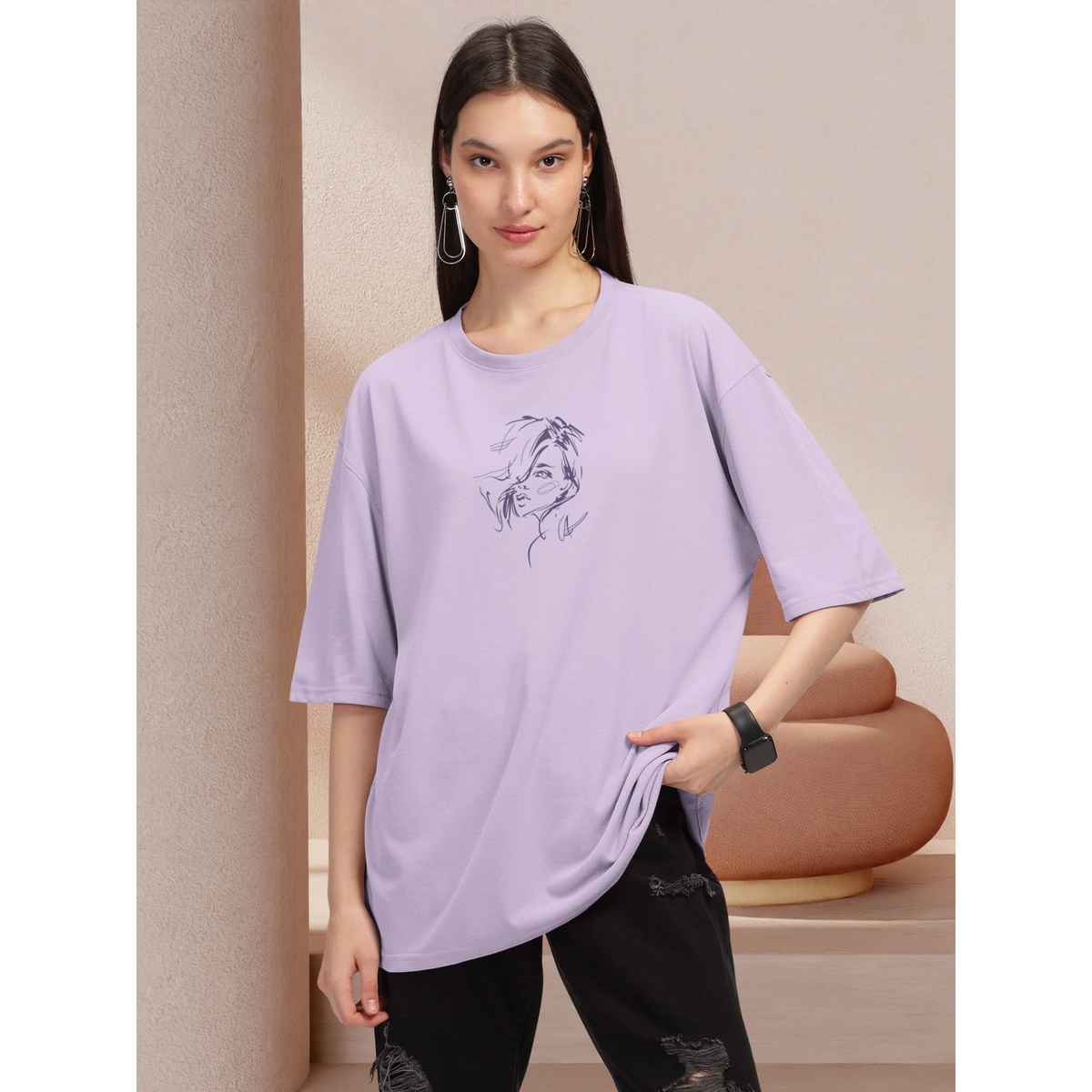 Hellcat Women's Trendy Printed Oversized T-shirt | Lavender - L