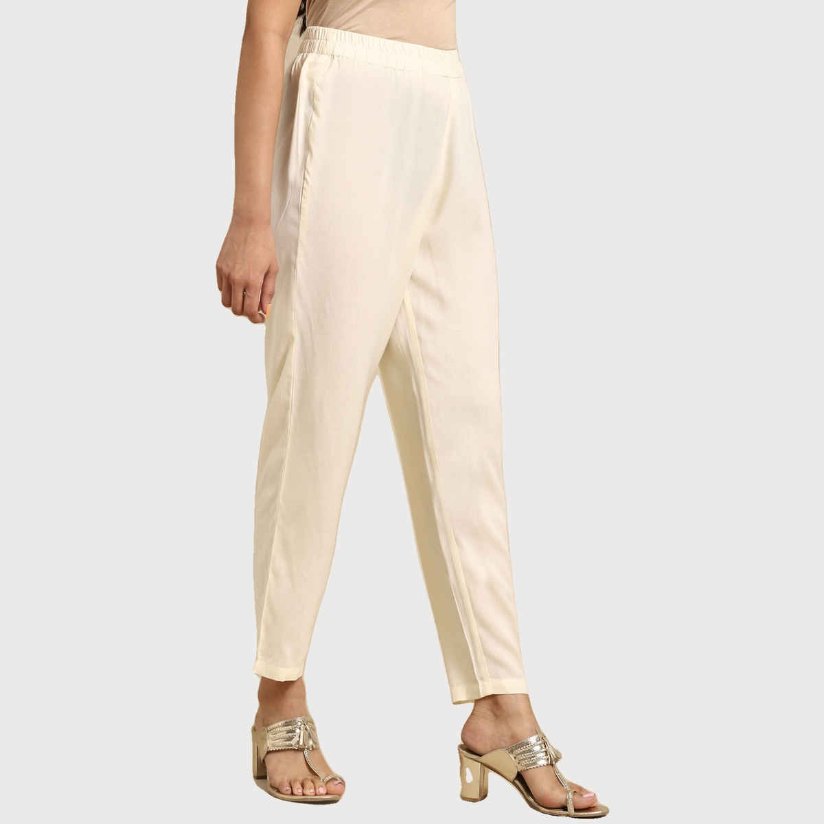 Rangita Women Ankle Length Straight Pant - Solid | Rayon | White | M