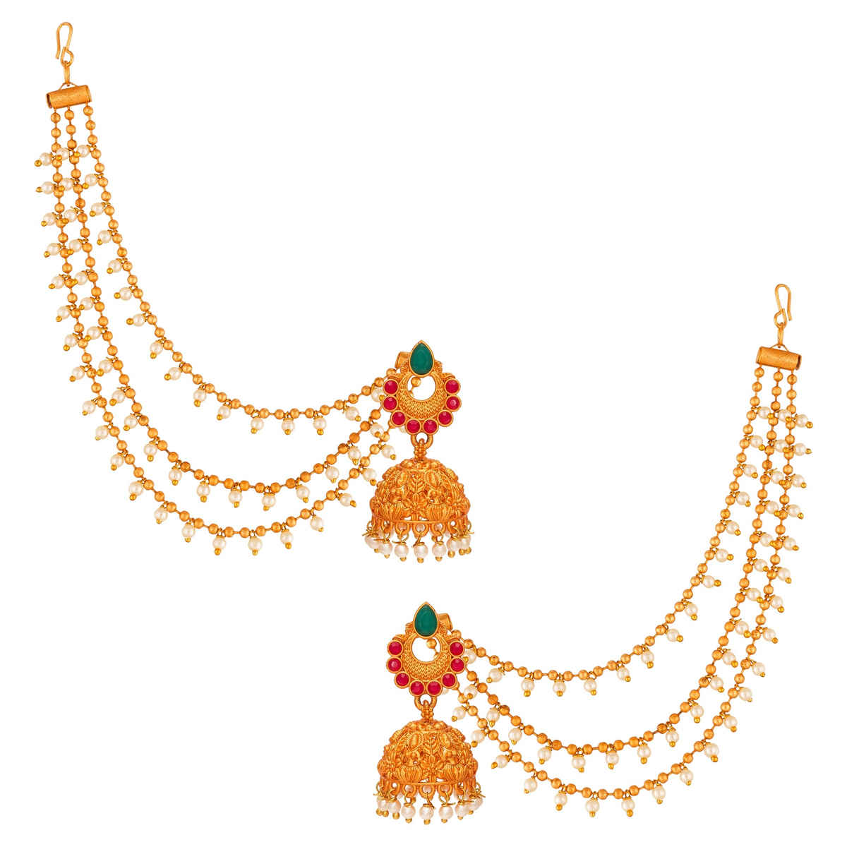 Aadita Wedding Gold Plated Antique Jhumka Earrings with Hair Chain Indian Bridal Jewelry