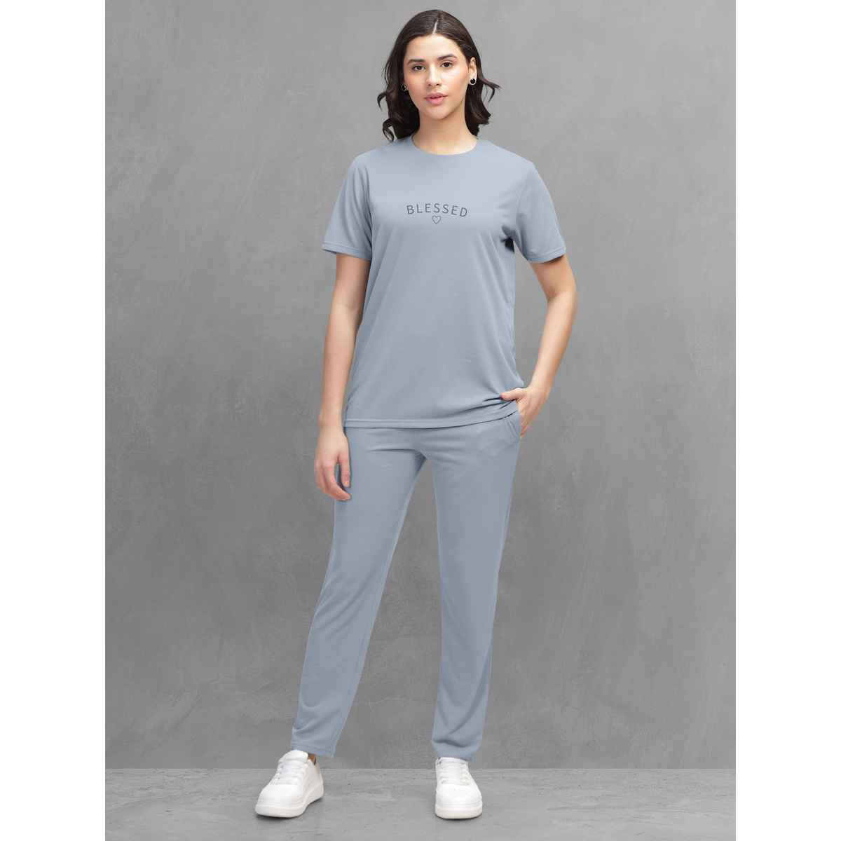 Hellcat Women's Trendy Printed - Solid T-shirt with Pants Lounge Wear - Coords | Bluish Grey - S