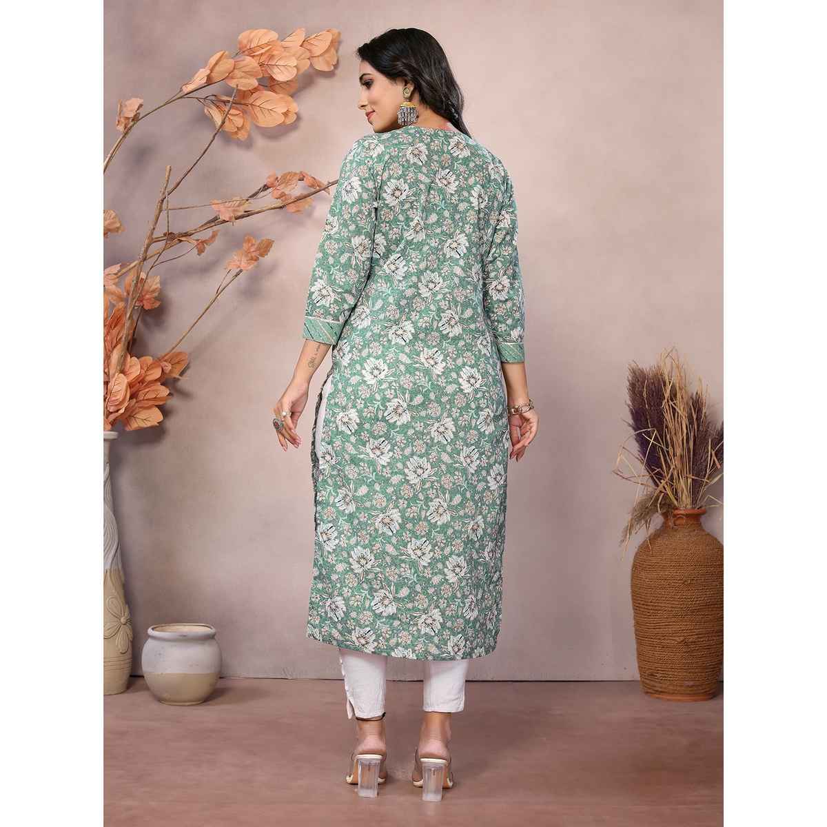 Rangita Women s Green Cotton Embroidered Calf Length Straight Kurta | M