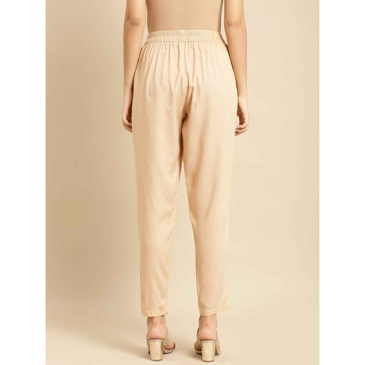 Rangita Women Ankle Length Straight Pant - Solid | Rayon | Beige | S