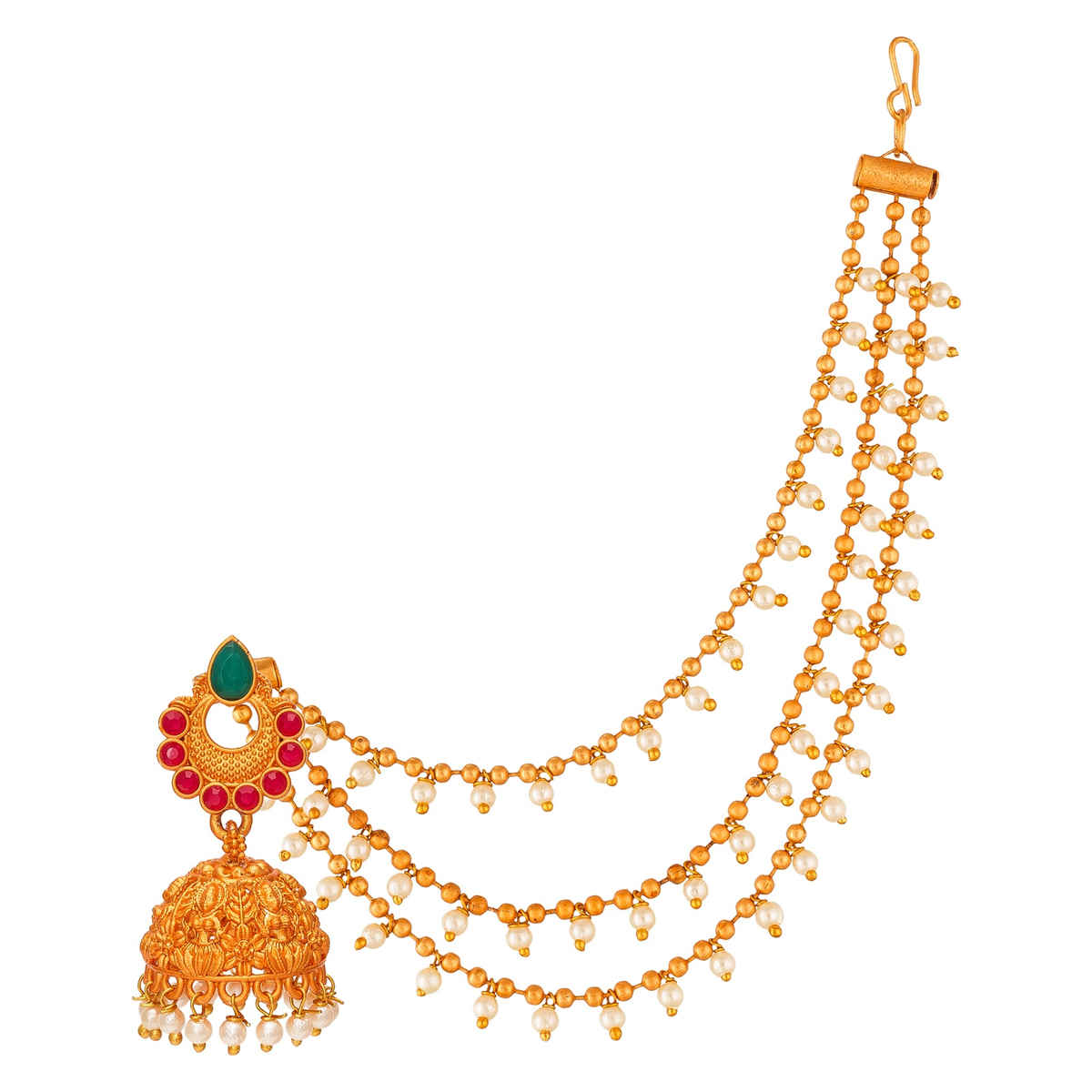 Aadita Wedding Gold Plated Antique Jhumka Earrings with Hair Chain Indian Bridal Jewelry