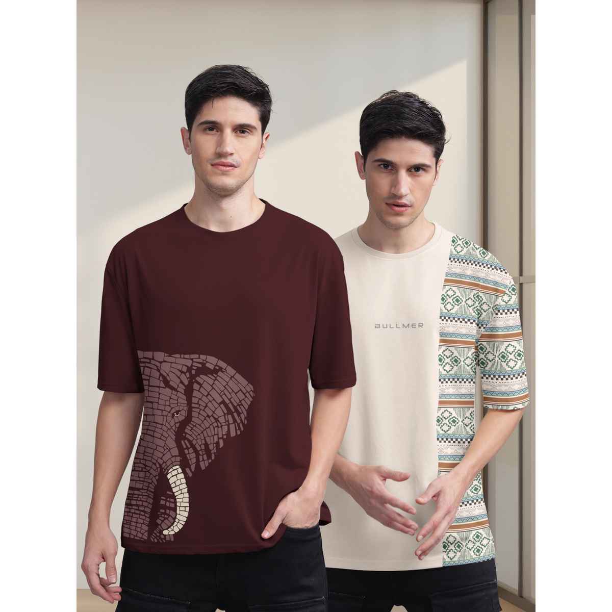 Bullmer Men's Oversized T-shirt Front and Back Printed | Maroon, Beige | XL