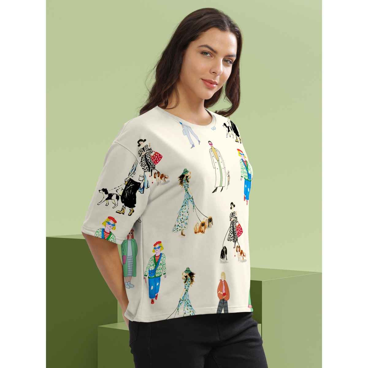 Hellcat Women's Printed Loose Fit Crew-Neck Crop T-shirt | Cream - L