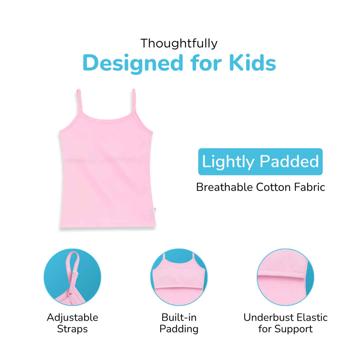 Plan B Girls Cotton Padded Camisole | Built-in Light Padding | White - 8-10 Yrs