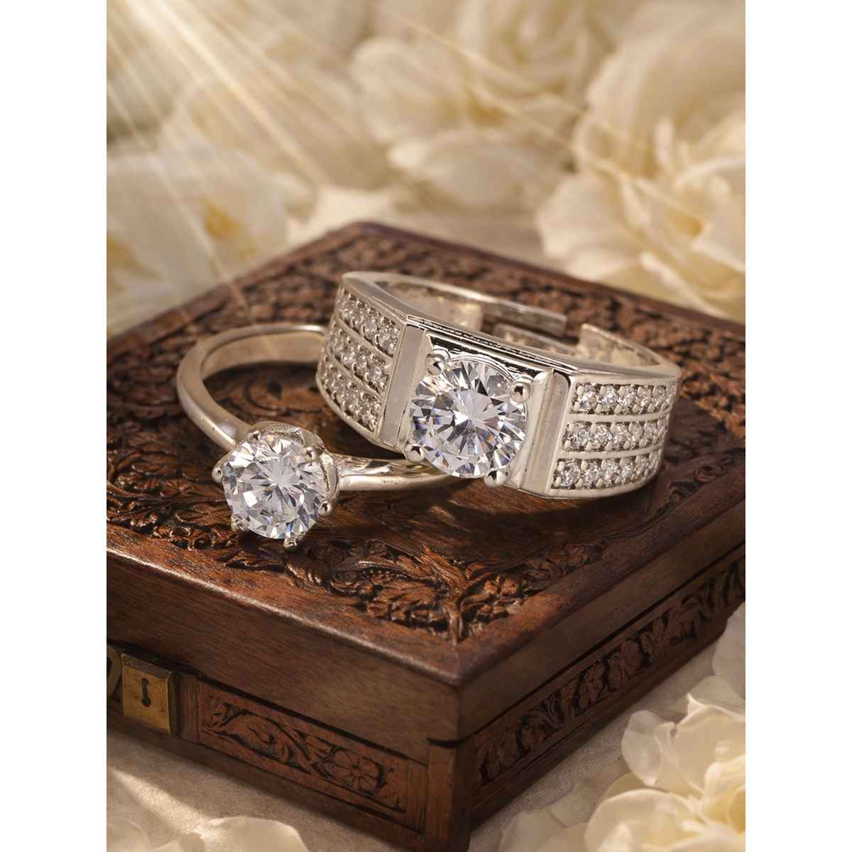 Sukkhi Delicate Rhodium Plated Solitaire CZ Studded Valentine Special Couple Ring | Free Size