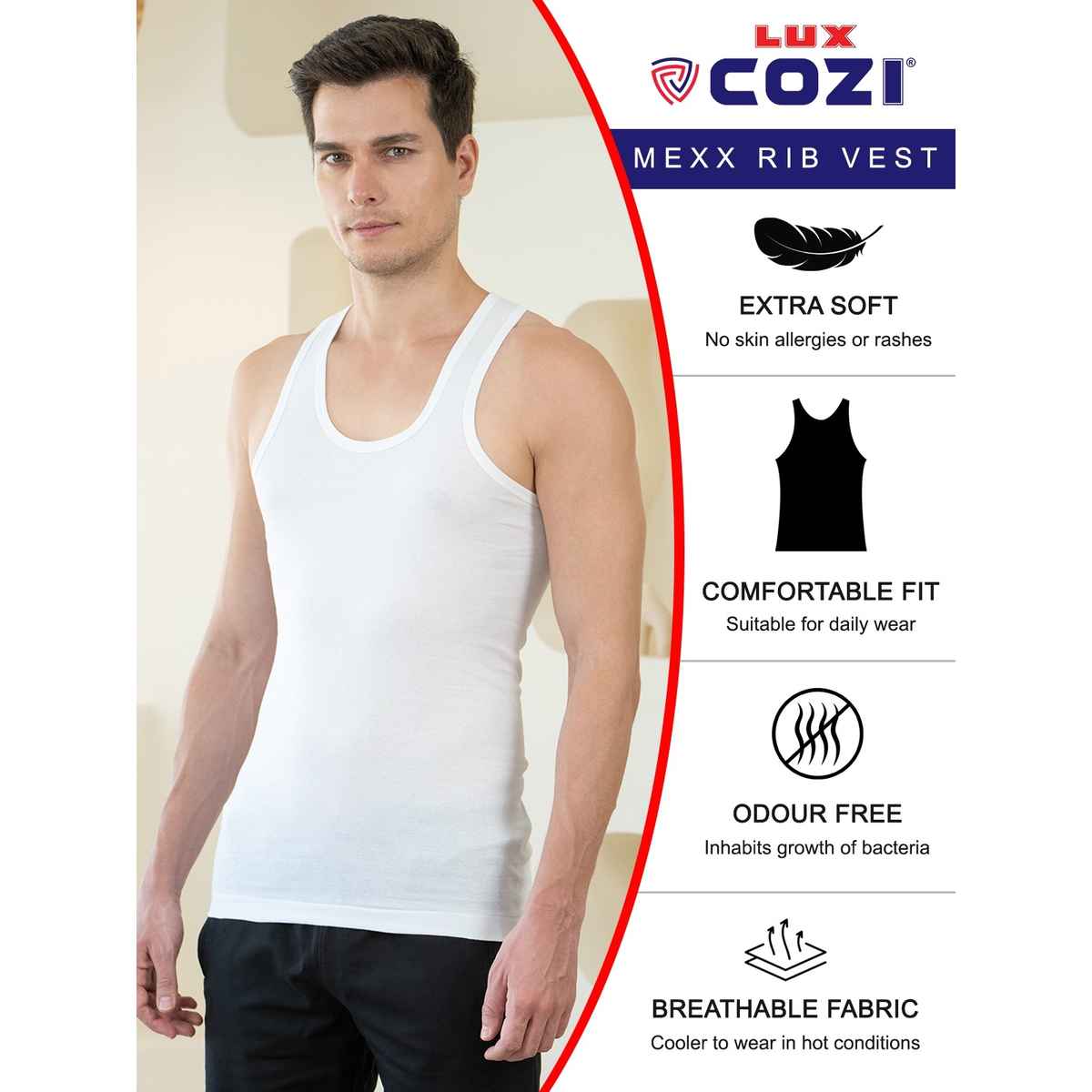 Lux Cozi Mexx Pure Cotton Round Neck Ribbed Vest | White | M | Pack Of 3