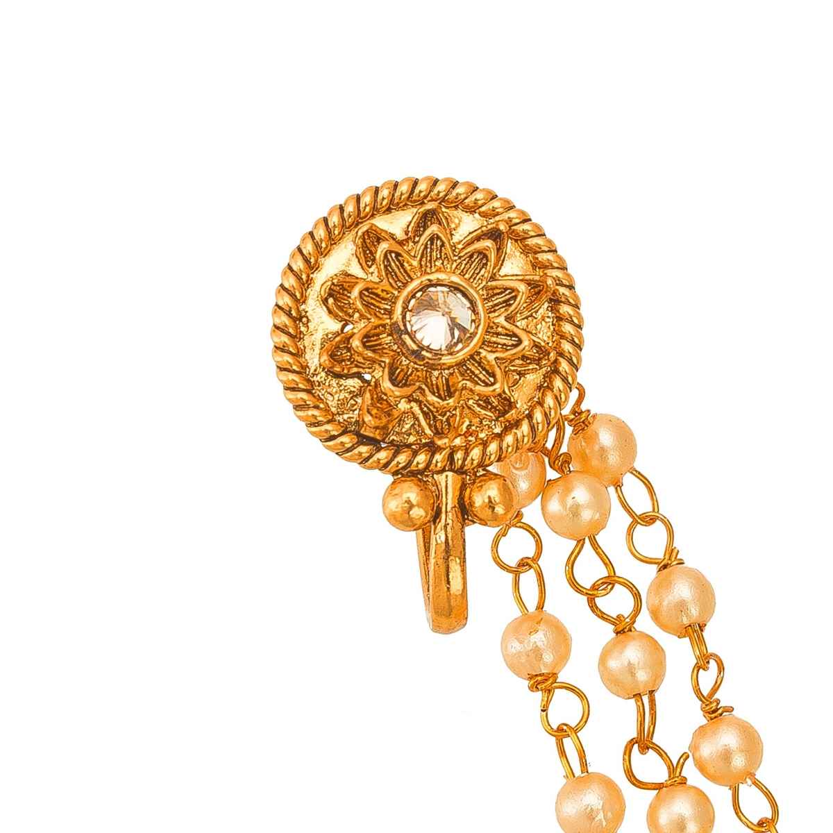 Aadita Traditional Long Chain Nose Pin- Gold Plated Nath with Kundan & Pearl for Bridal Wear
