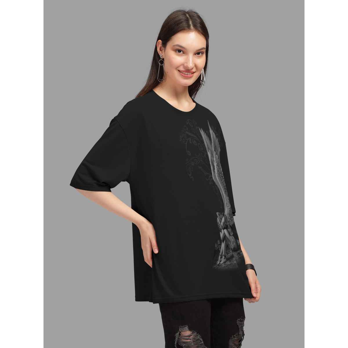 Hellcat Black Trendy Printed Oversized T-shirt for Women | XL