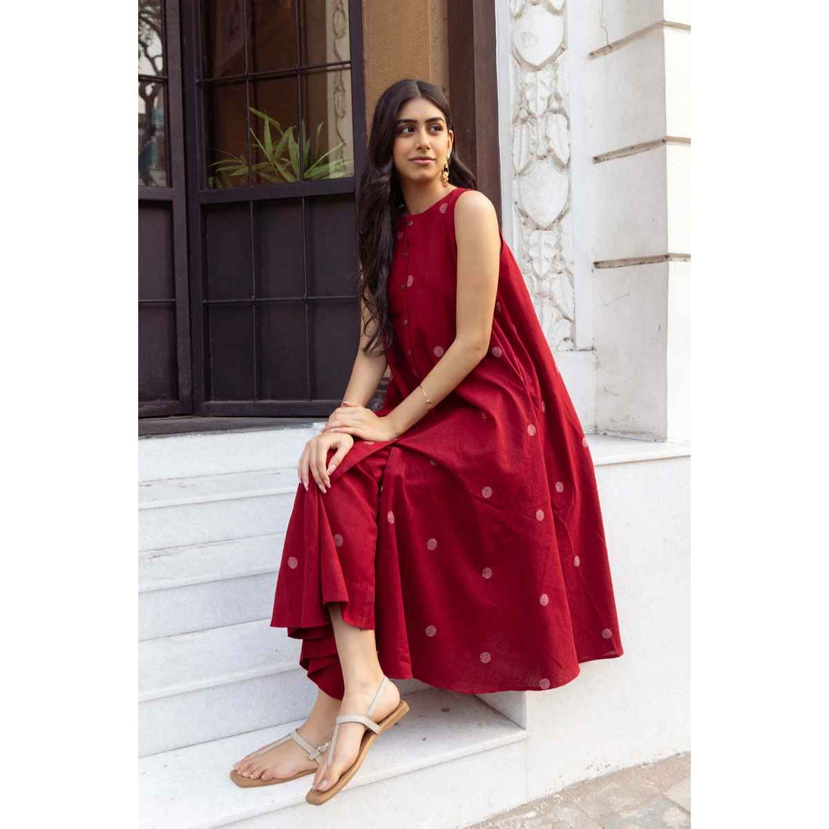 GoSriKi Women's Viscose Rayon Anarkali Polka Print Kurta with Palazzo | Red - M