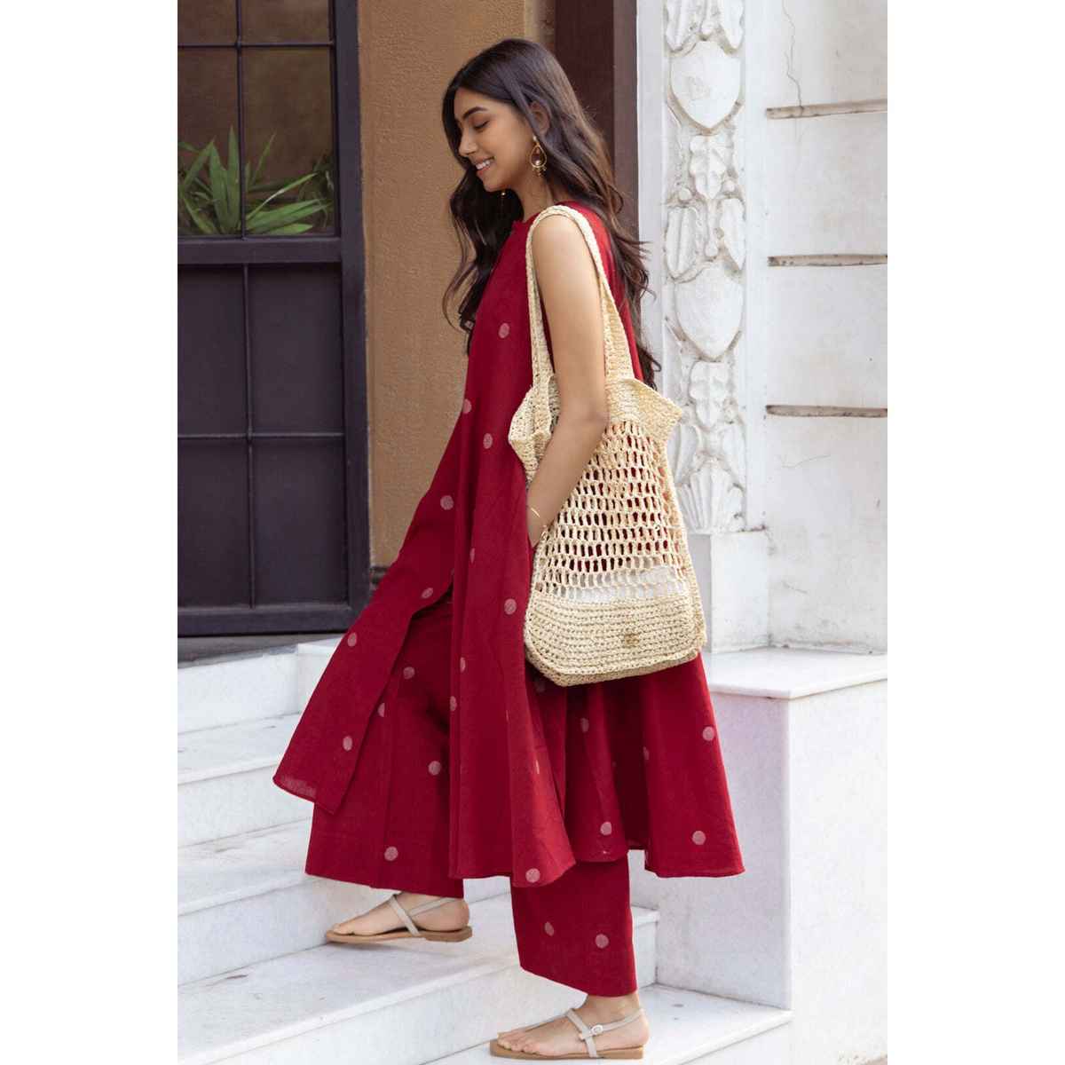 GoSriKi Women's Viscose Rayon Anarkali Polka Print Kurta with Palazzo | Red - M