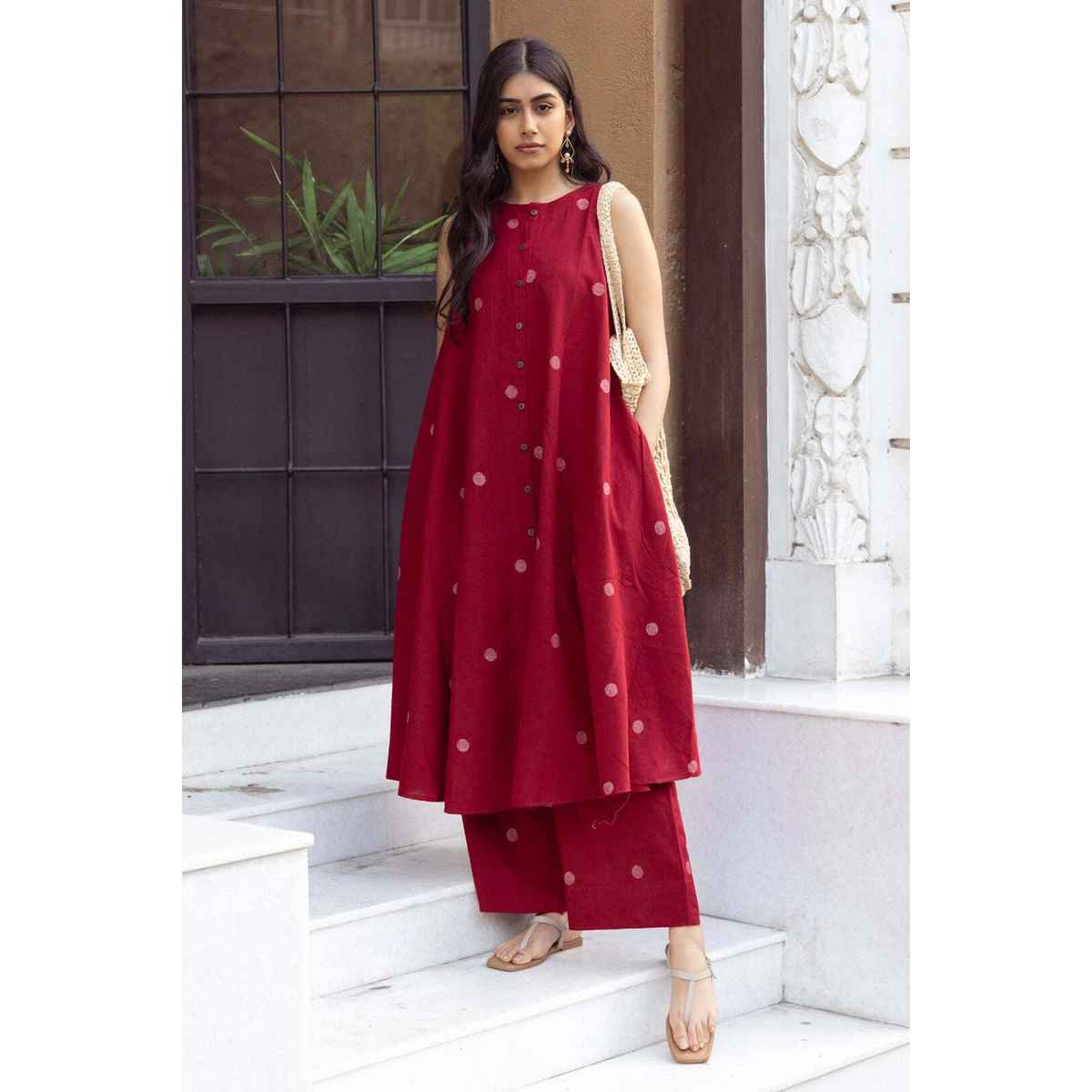 GoSriKi Women's Viscose Rayon Anarkali Polka Print Kurta with Palazzo | Red - M