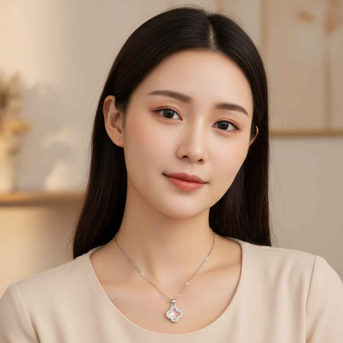 Beautynx Rose Quartz Clover Pendant Necklace | Silver | BNX-NK-0019