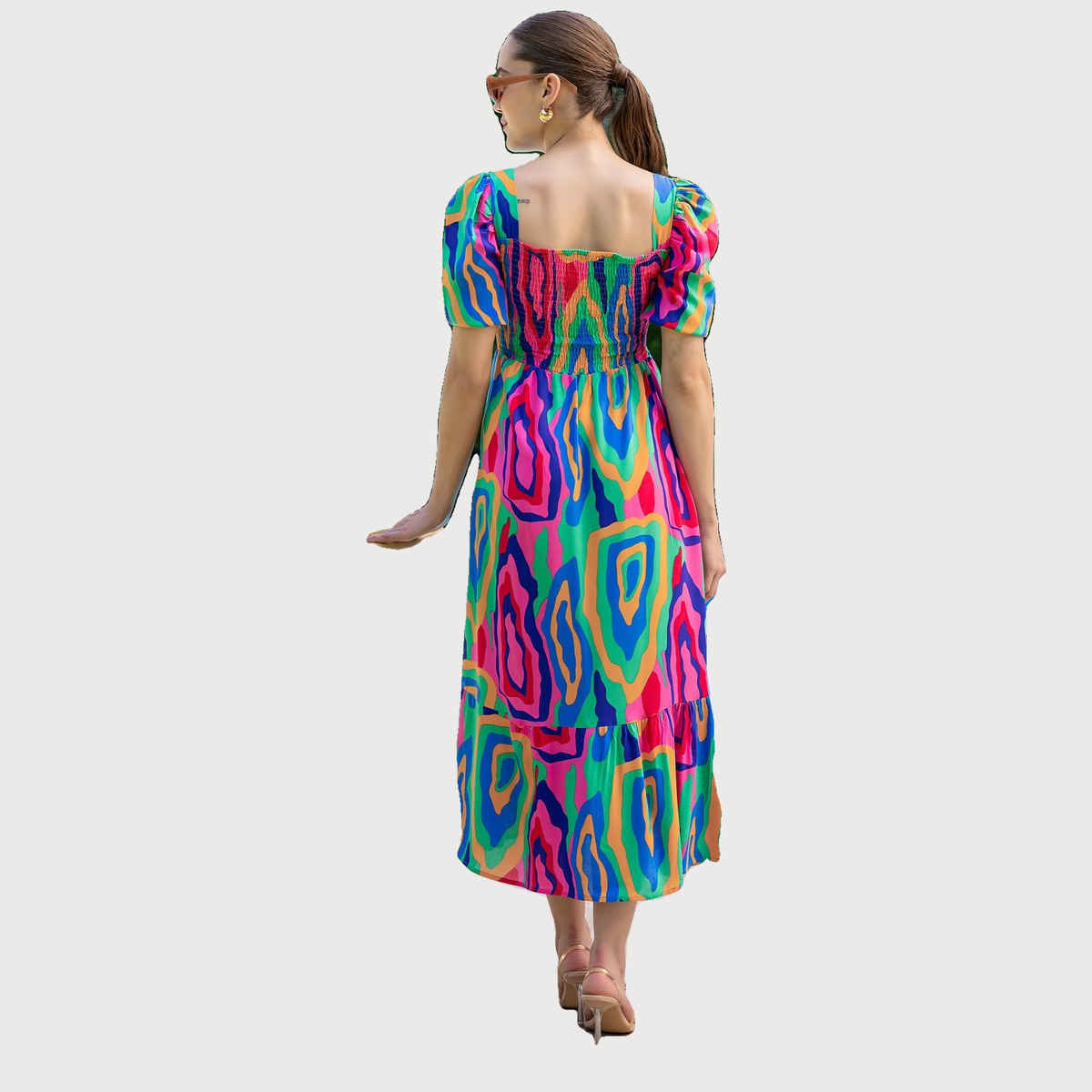 Sheetal Women's Abstract Printed Square Neck Fit-Flare Dress | DR11433 | Multicolor - M