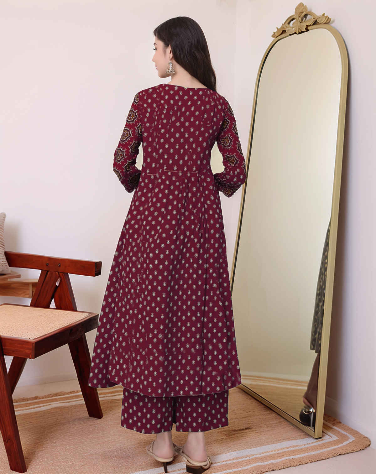 GoSriKi Women's Viscose Rayon Anarkali Printed Kurta with Pant & Dupatta | NAKULA | Wine - M