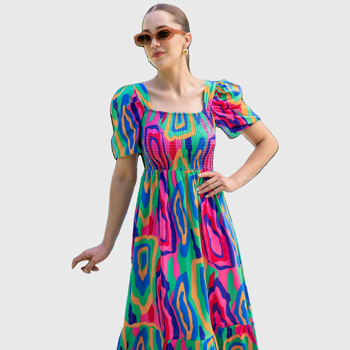 Sheetal Women's Abstract Printed Square Neck Fit-Flare Dress | DR11433 | Multicolor - M