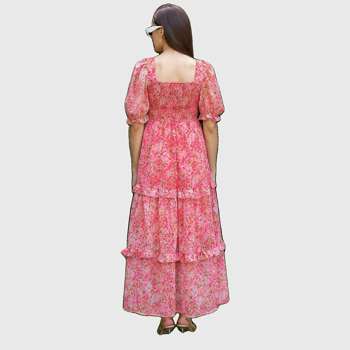 Sheetal Women's Floral Georgette Neck Fit & Flare Maxi Dress | DR11264 | Pink - L