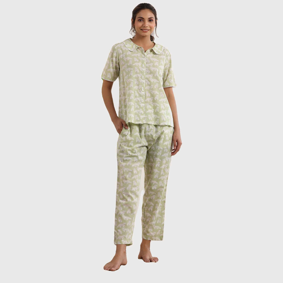 Sanskrutihomes Conversational Printed Pure Cotton Night Shirt And Trousers | Light Green | S
