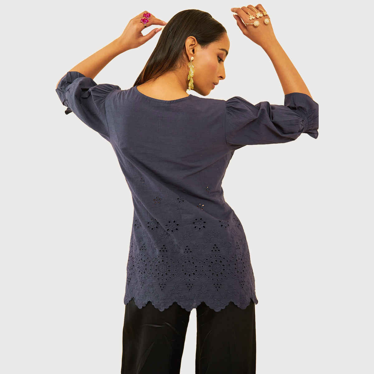 Soch Women's Blue Cotton Schiffli Tunic With Thread Work L