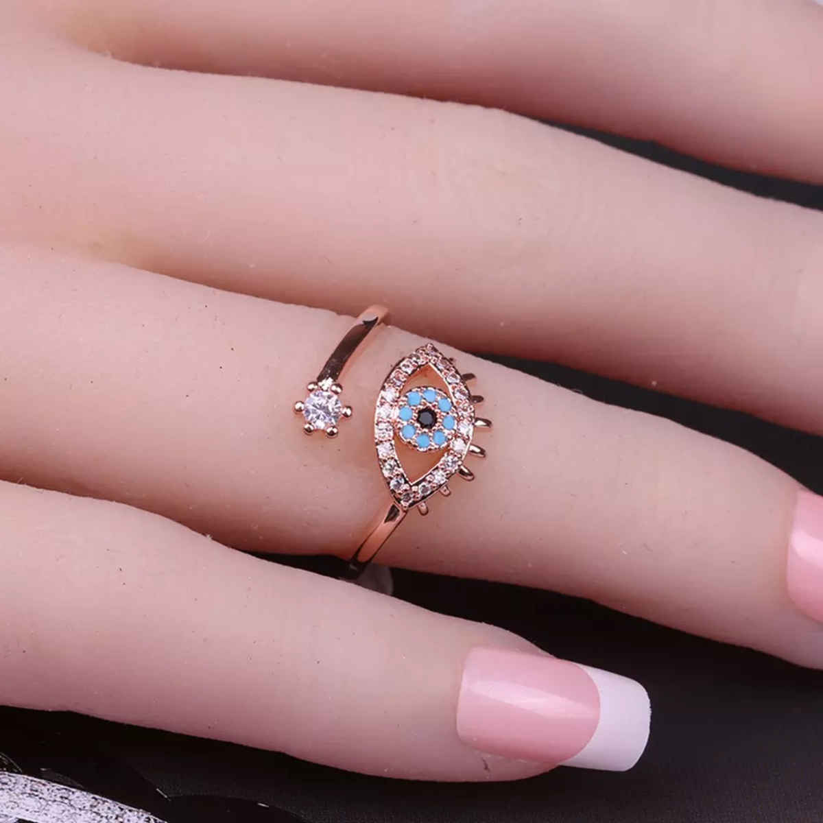SALTY Cute Evil Eye Adjustable Ring for Women and Girls| Anti-Tarnish | Rose and Gold
