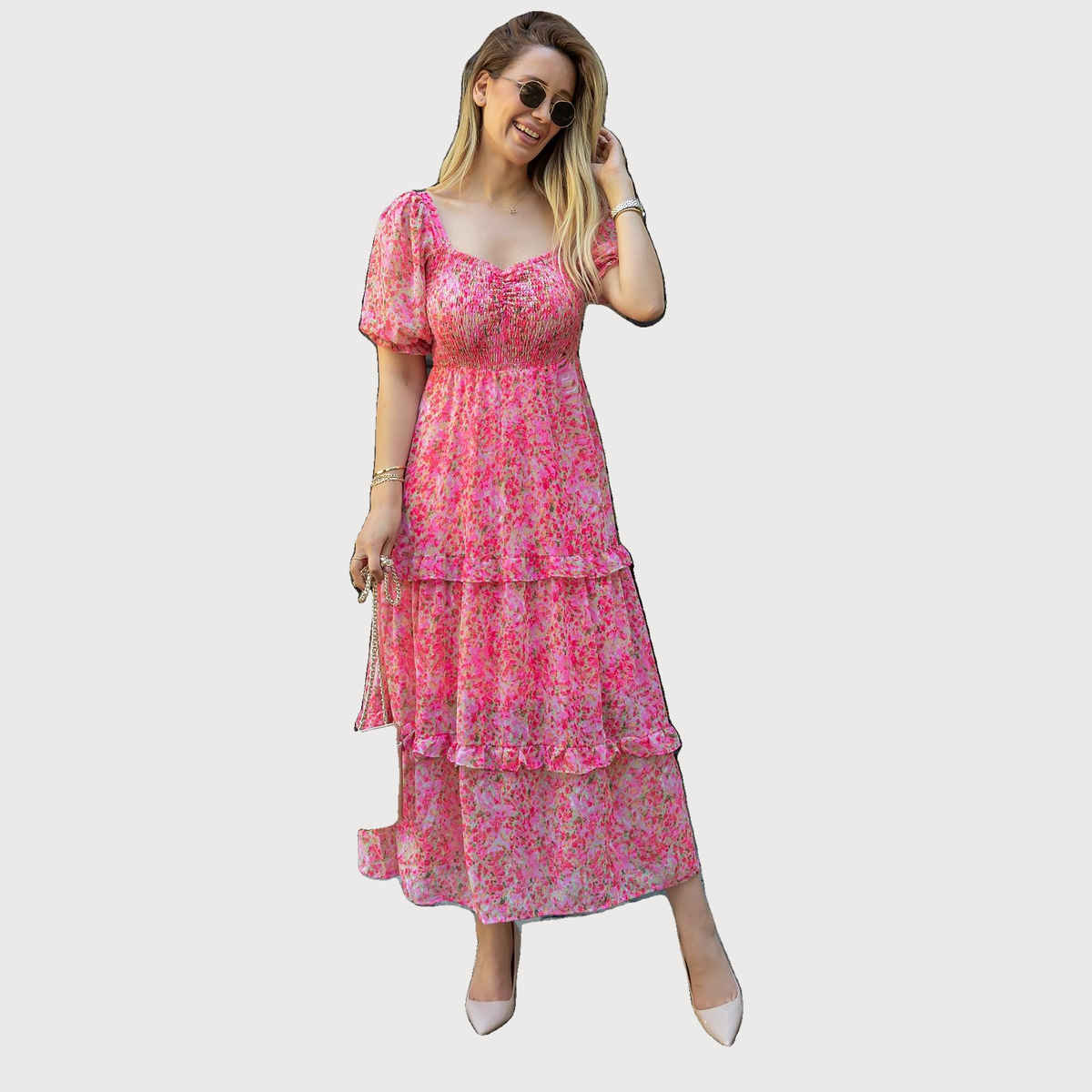 Sheetal Women's Floral Georgette Neck Fit & Flare Maxi Dress | DR11264 | Pink - L