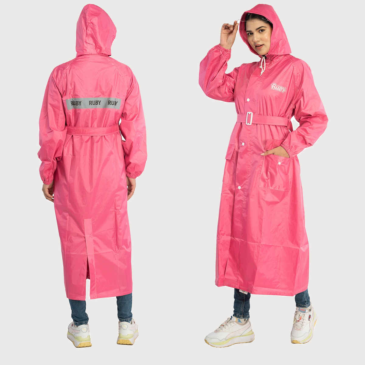 Fendo Ruby Women's Full-Length Waterproof Raincoat with Belt | Princess (Dark Pink) | XL