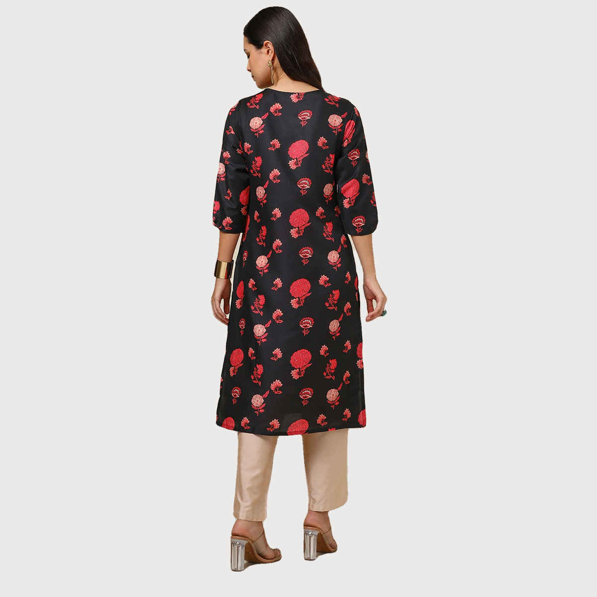 Soch Women's Black Muslin Blend Floral Print Kurta With Sequins | L
